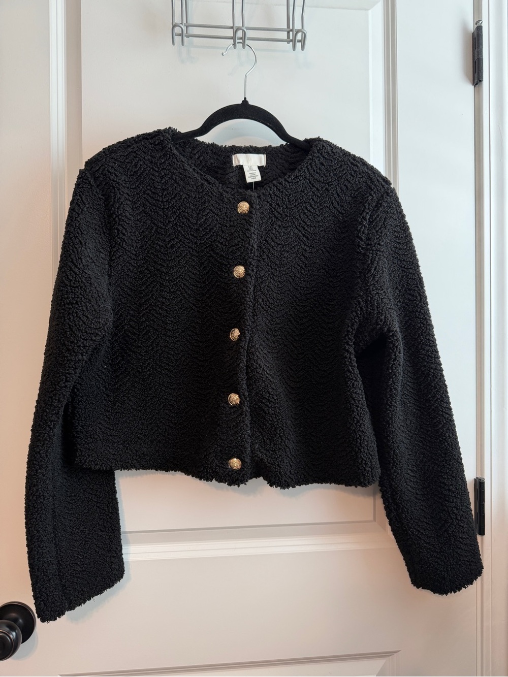 H&M Black Textured Teddy Button-Front Cropped Jacket